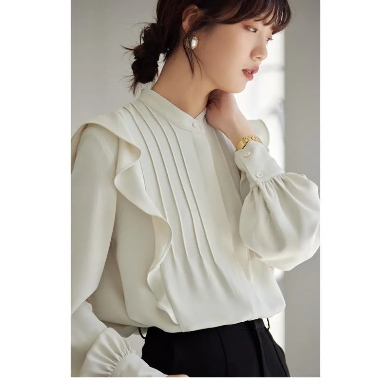 Versatile White Drape Feeling Ruffle Trim Chic Ambiance Blouse