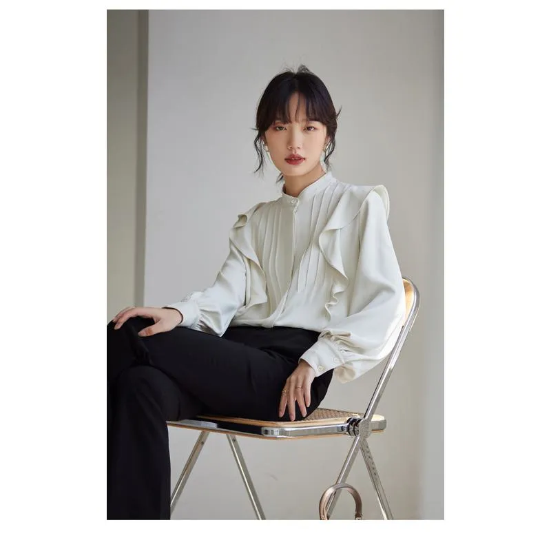 Versatile White Drape Feeling Ruffle Trim Chic Ambiance Blouse