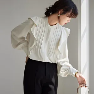 Versatile White Drape Feeling Ruffle Trim Chic Ambiance Blouse