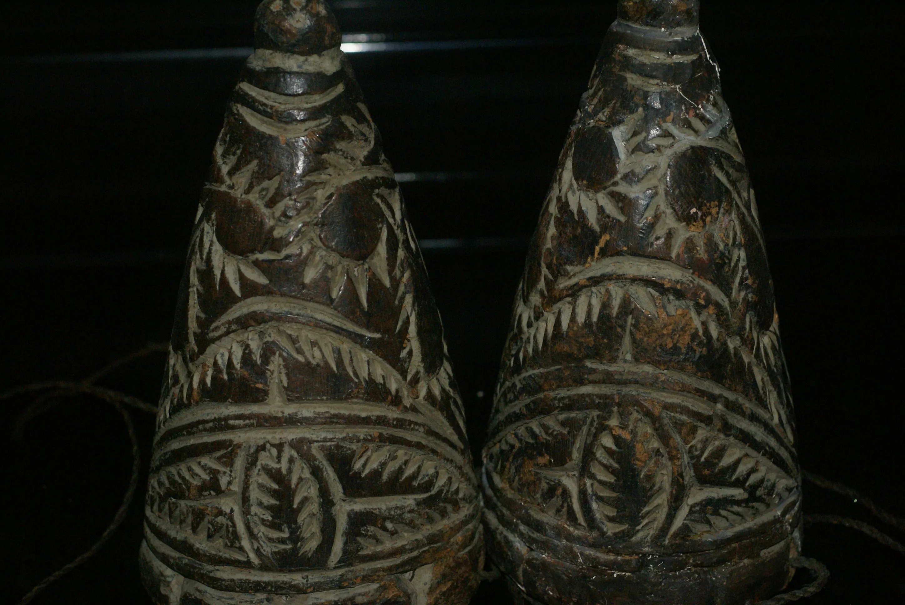 VERY RARE UNIQUE TERRACOTTA FEMALE BREASTS WITH FACES, ONCE PART OF AN ELABORATE CEREMONIAL TUMBUAN DANCE COSTUME WORN BY MEN TO IMPERSONATE WOMEN, SAWOS TRIBE, MIDDLE SEPIK RIVER, PAPUA NEW GUINEA, COLLECTED LATE 1900’S ON THE PREMISES