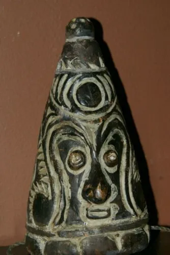 VERY RARE UNIQUE TERRACOTTA FEMALE BREASTS WITH FACES, ONCE PART OF AN ELABORATE CEREMONIAL TUMBUAN DANCE COSTUME WORN BY MEN TO IMPERSONATE WOMEN, SAWOS TRIBE, MIDDLE SEPIK RIVER, PAPUA NEW GUINEA, COLLECTED LATE 1900’S ON THE PREMISES