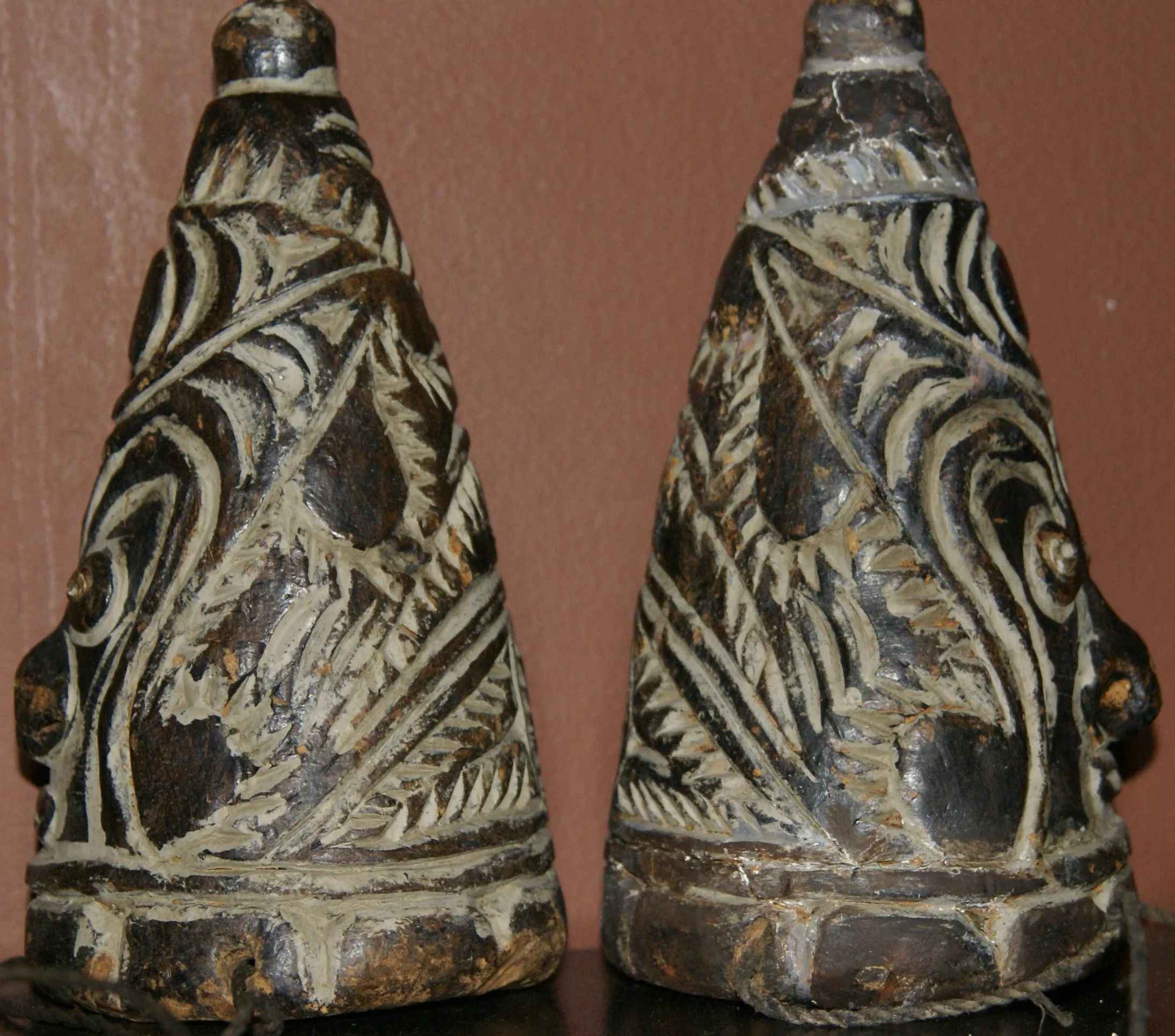 VERY RARE UNIQUE TERRACOTTA FEMALE BREASTS WITH FACES, ONCE PART OF AN ELABORATE CEREMONIAL TUMBUAN DANCE COSTUME WORN BY MEN TO IMPERSONATE WOMEN, SAWOS TRIBE, MIDDLE SEPIK RIVER, PAPUA NEW GUINEA, COLLECTED LATE 1900’S ON THE PREMISES