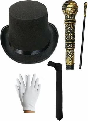 Victorian Gentleman Ensemble for Adults: Black Top Hat, Bow Tie, Santa Gloves, and Gold Cane Set