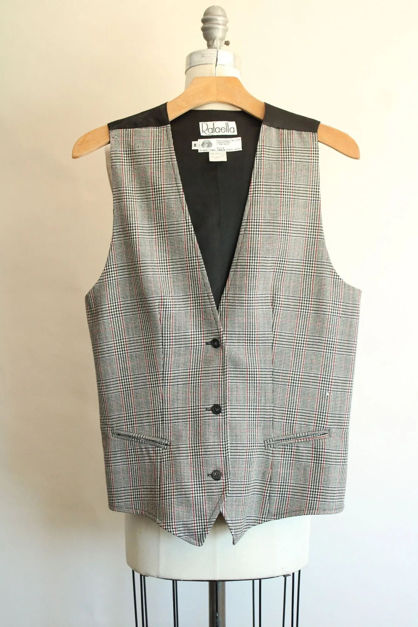 Vintage 1980s Rafaella Black White and Red Plaid Wool Vest