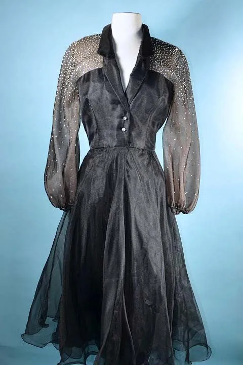 Vintage 50s Black Party Dress Sheer Full Sleeves   Rhinestones, 25" Waist  XS/S