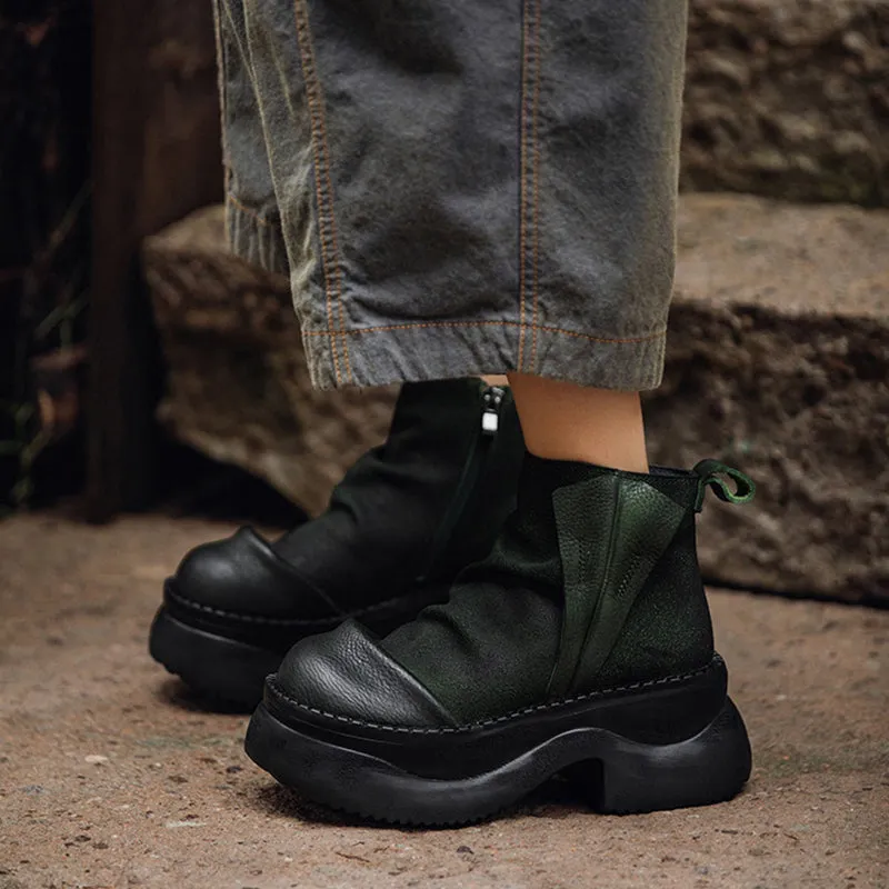 Vintage 95mm Platform Cow Leather Slouch Boots for Women - in Black/Brown/Green