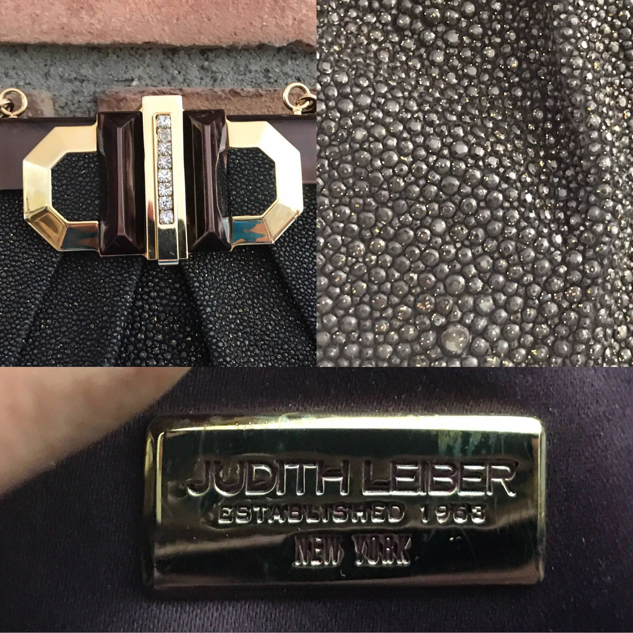 Vintage Judith Leiber Black Leather Evening Bag / Clutch. Gold Trim. Original Dust Bag and Box.