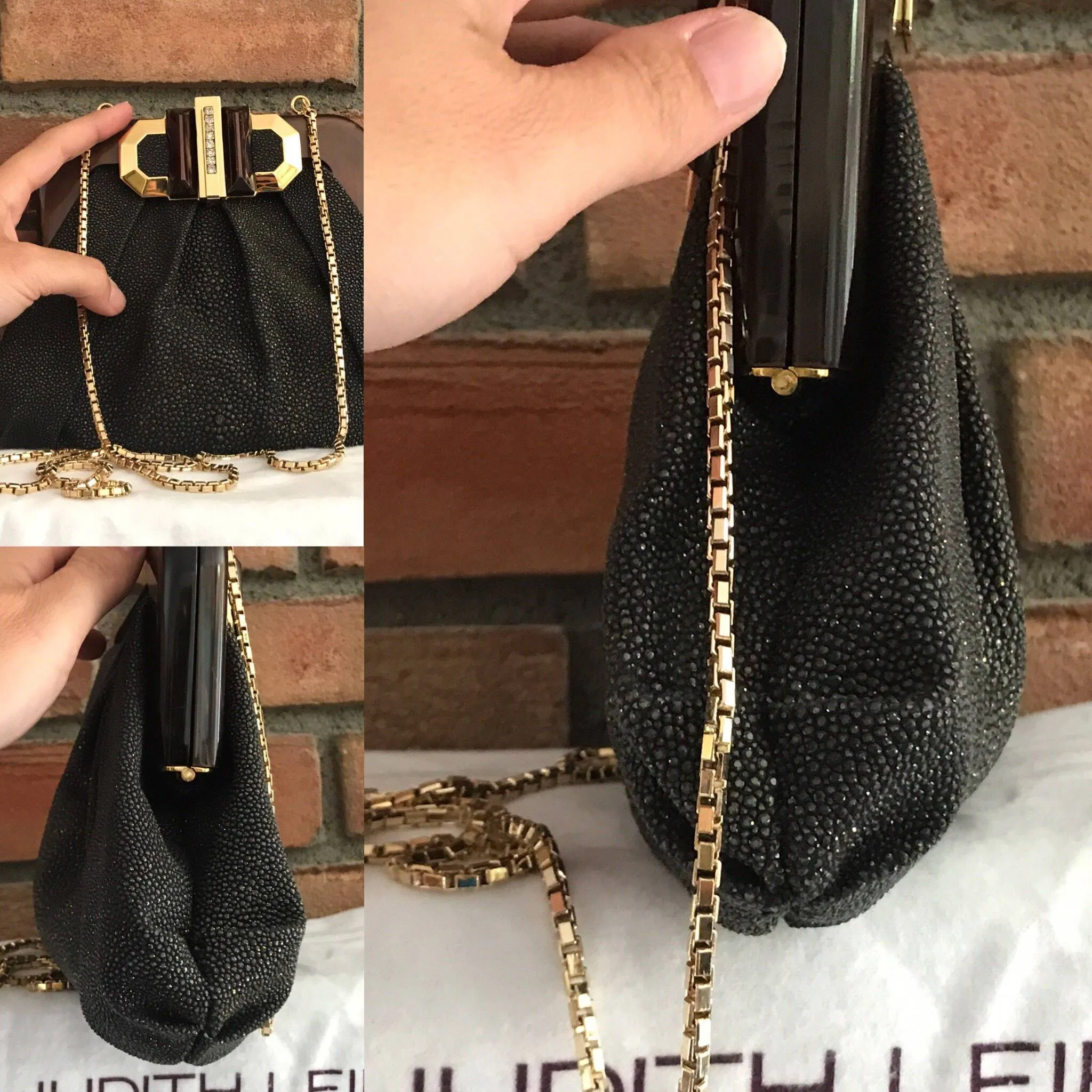 Vintage Judith Leiber Black Leather Evening Bag / Clutch. Gold Trim. Original Dust Bag and Box.