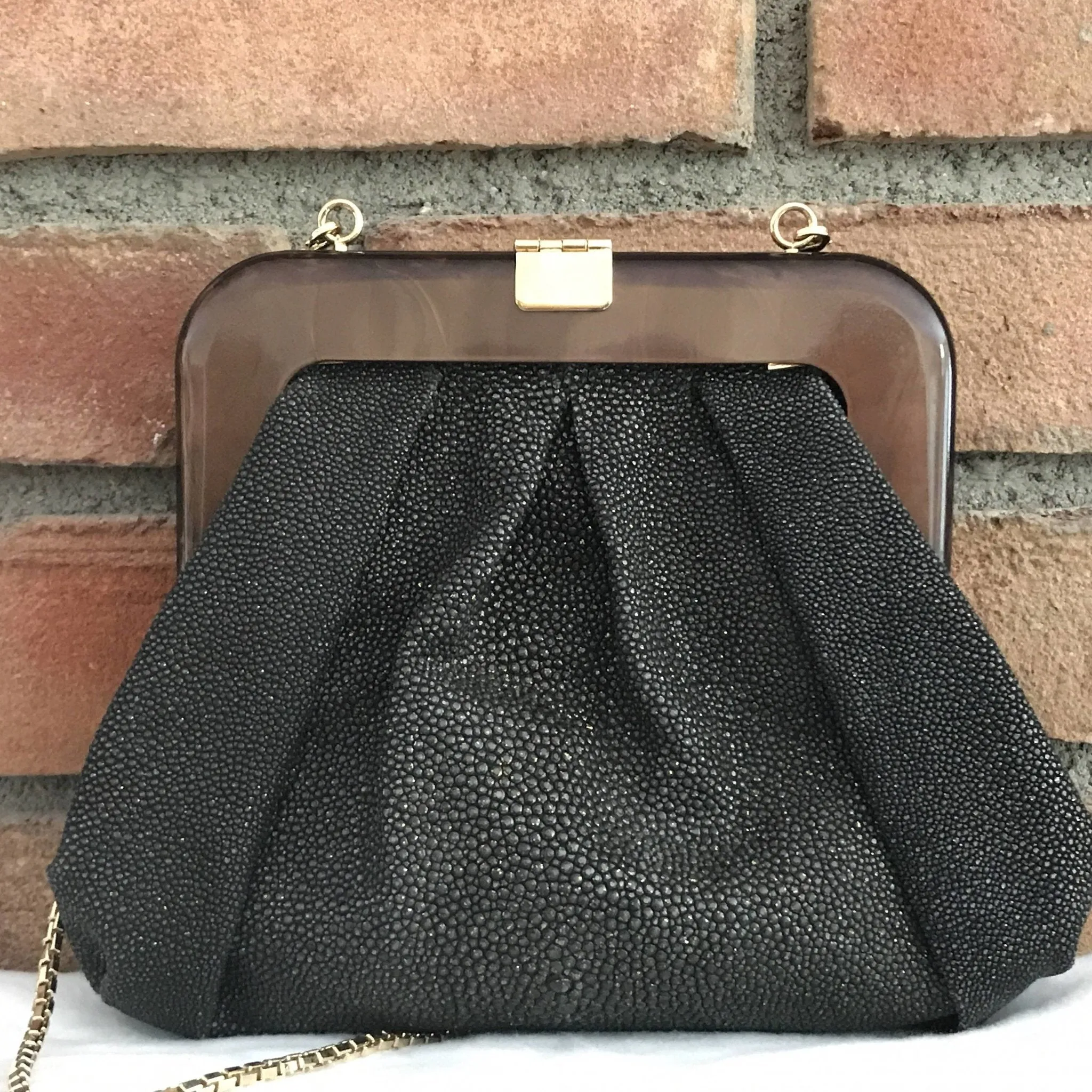 Vintage Judith Leiber Black Leather Evening Bag / Clutch. Gold Trim. Original Dust Bag and Box.