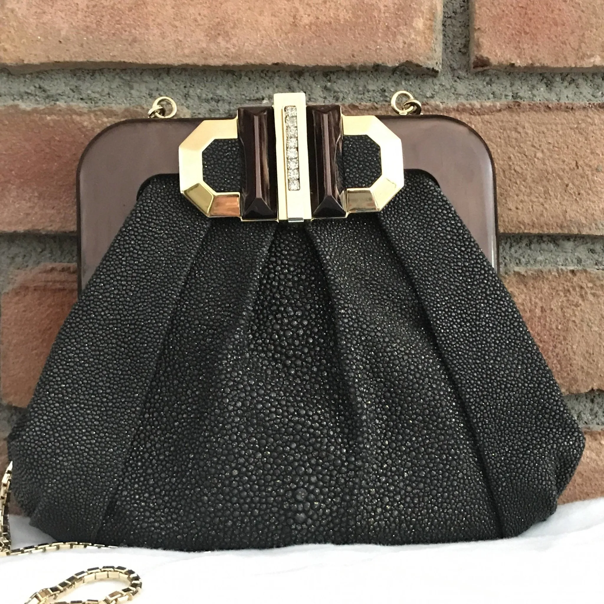 Vintage Judith Leiber Black Leather Evening Bag / Clutch. Gold Trim. Original Dust Bag and Box.