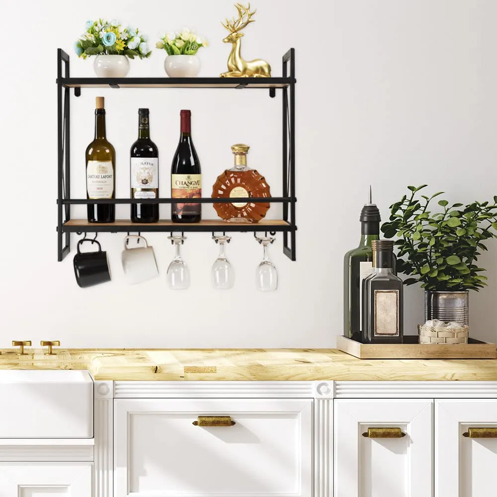 Vintage Oak Industrial Wall Mounted Wine Rack with 2-Tier Wood Shelves and Stem Glass Holders