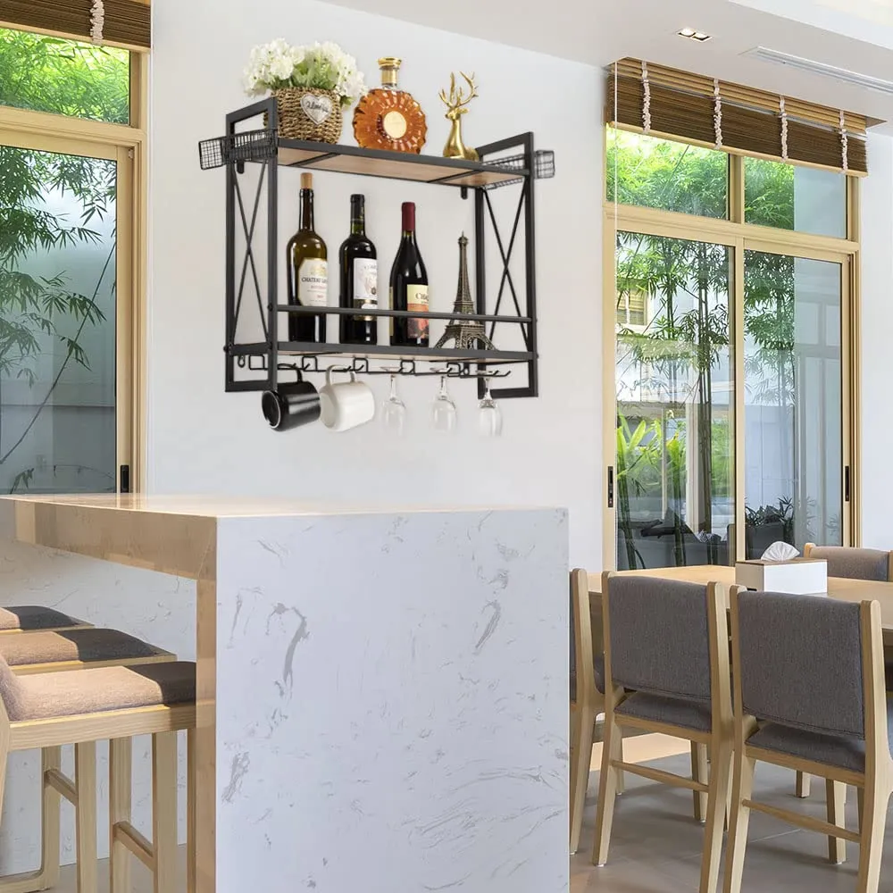 Vintage Oak Industrial Wall Mounted Wine Rack with 2-Tier Wood Shelves and Stem Glass Holders