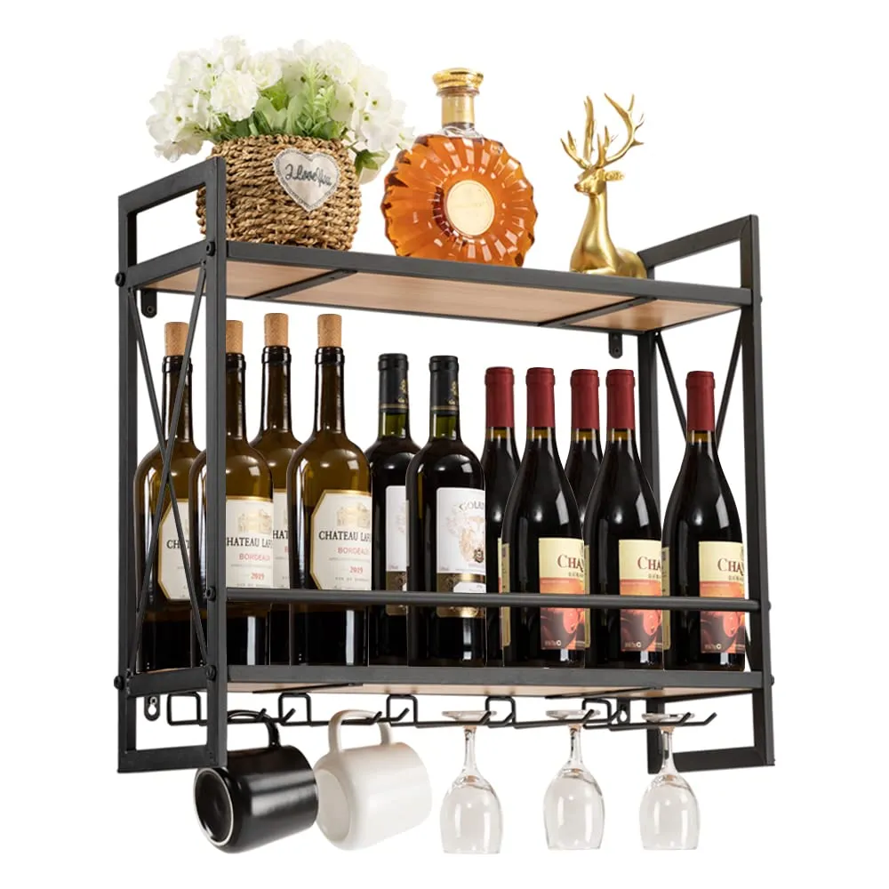 Vintage Oak Industrial Wall Mounted Wine Rack with 2-Tier Wood Shelves and Stem Glass Holders