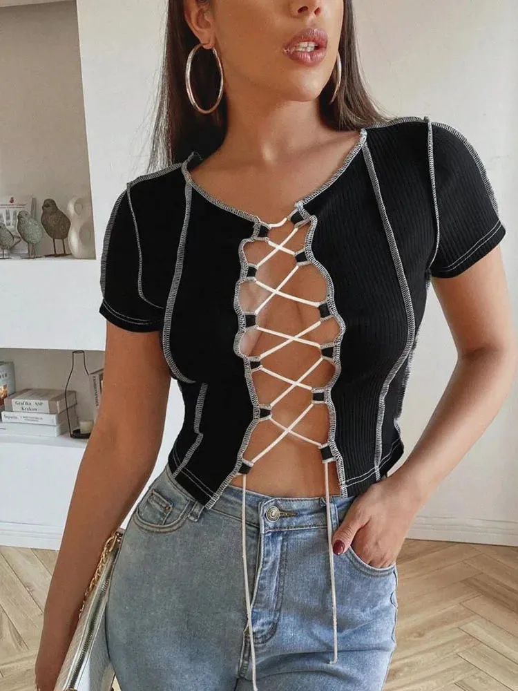 Vintage Patchwork Punk Style Female Short Sleeve Tee