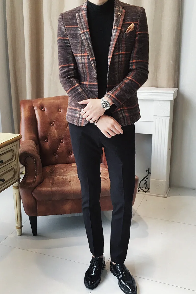 Vintage Plaid Wool Blend Men Slim Fit Smart Casual Blazer