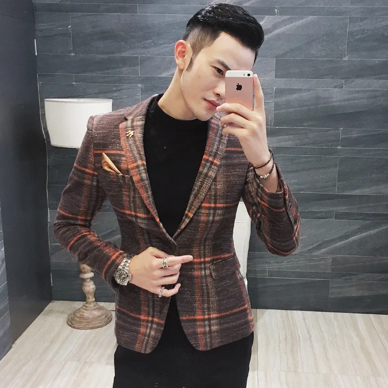Vintage Plaid Wool Blend Men Slim Fit Smart Casual Blazer