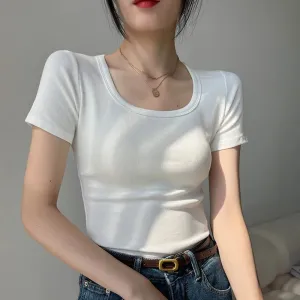Vintage Square Collar Corset Casual Solid Color Slim Tops Tee
