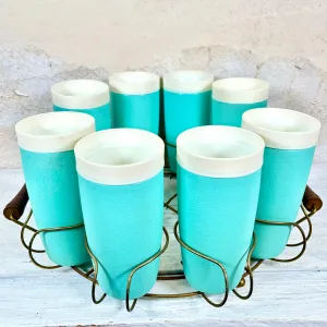 Vintage Thermo-Ware Teal Cups With Carrier