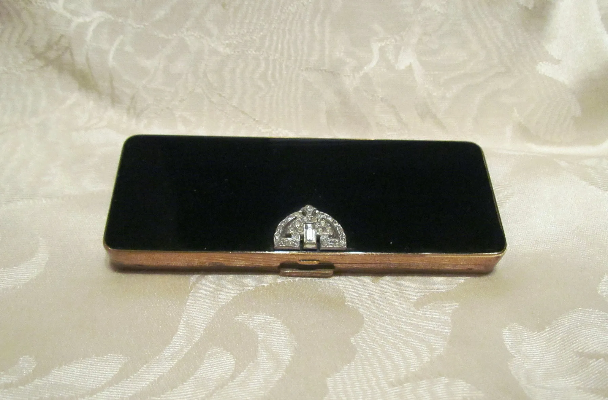 Volupte Black Enamel Compact 1940s Rhinestone Compact Art Deco Carryall Purse