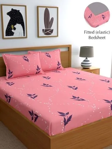 VORDVIGO Combo Pack of 2 Super Soft Elastic Fitted Glace Cotton Double Bedsheets with 4 Pillow Covers Size-72x72 8 inches, Multicolor (Model no.-37)