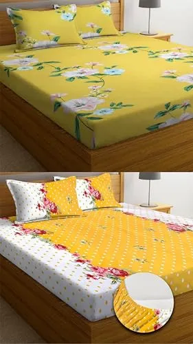 VORDVIGO Combo Pack of 2 Super Soft Elastic Fitted Glace Cotton Double Bedsheets with 4 Pillow Covers Size-72x72 8 inches, Multicolor (Model no.-43)