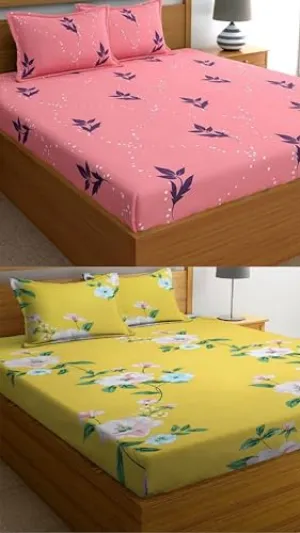 VORDVIGO Combo Pack of 2 Super Soft Elastic Fitted Glace Cotton Double Bedsheets with 4 Pillow Covers Size-72x72 8 inches, Multicolor (Model no.-75)