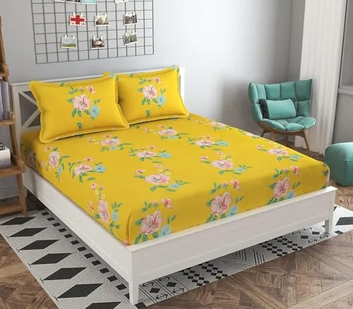 VORDVIGO Combo Pack of 2 Super Soft Elastic Fitted Glace Cotton Double Bedsheets with 4 Pillow Covers_Size-72x72 8 inches, Multicolor (Model no.-44)