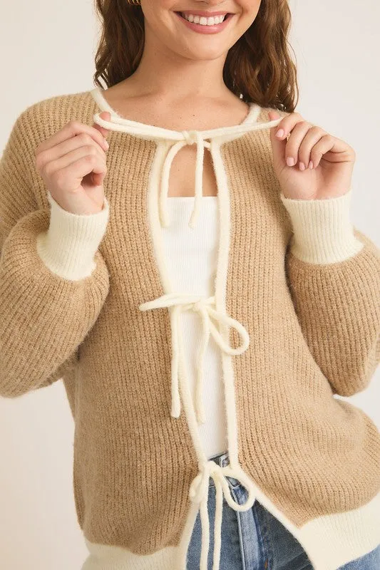 Waitlist 11/4 ♥ Kenzie Long Sleeve Front Tie Knit Cardigan Taupe