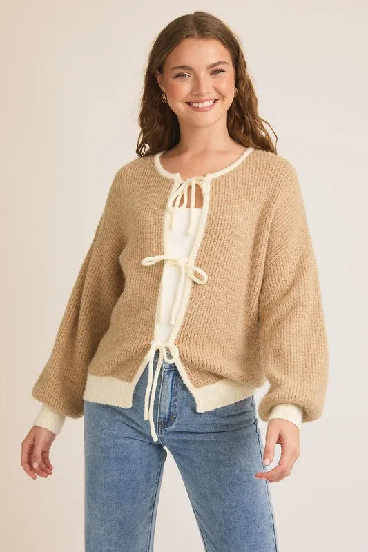 Waitlist 11/4 ♥ Kenzie Long Sleeve Front Tie Knit Cardigan Taupe