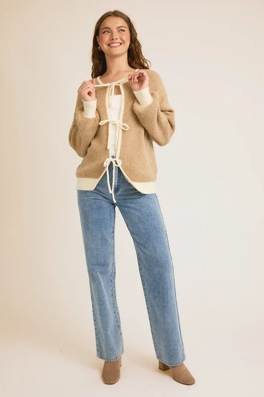 Waitlist 11/4 ♥ Kenzie Long Sleeve Front Tie Knit Cardigan Taupe