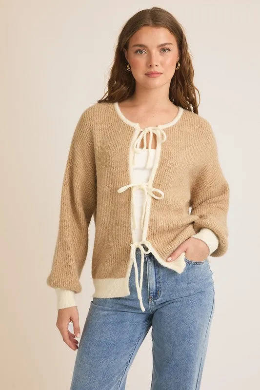 Waitlist 11/4 ♥ Kenzie Long Sleeve Front Tie Knit Cardigan Taupe