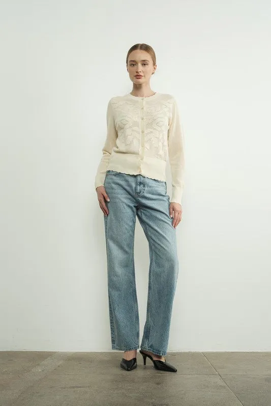 Waitlist 12/16 ♥ Carolyn Long Sleeve Sheer Flower Netted Cardigan Cream