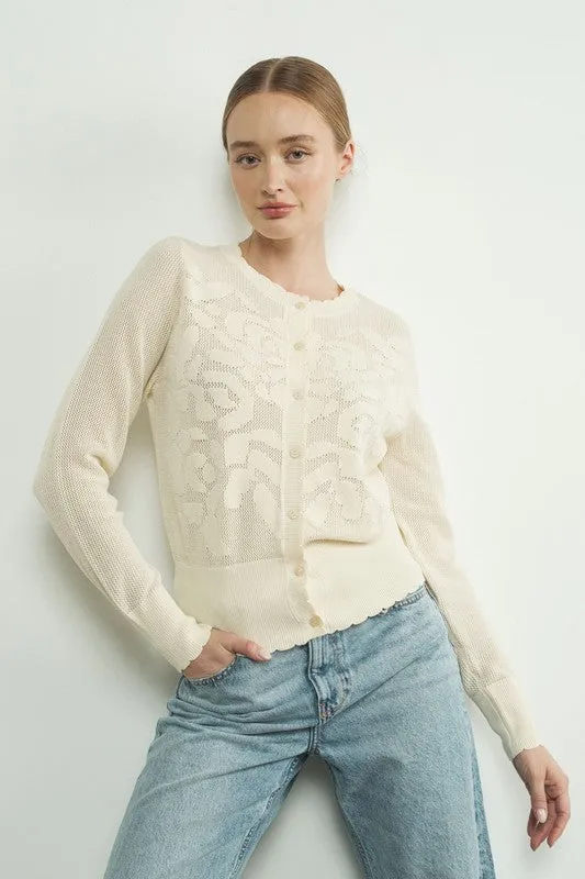 Waitlist 12/16 ♥ Carolyn Long Sleeve Sheer Flower Netted Cardigan Cream