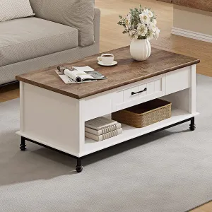 WAMPAT White Coffee Table with Drawer, Rectangle Center Table with Open Storage Shelf for Living Room, Modern Coffee TableTea Table with Metal Legs, 42 Inch