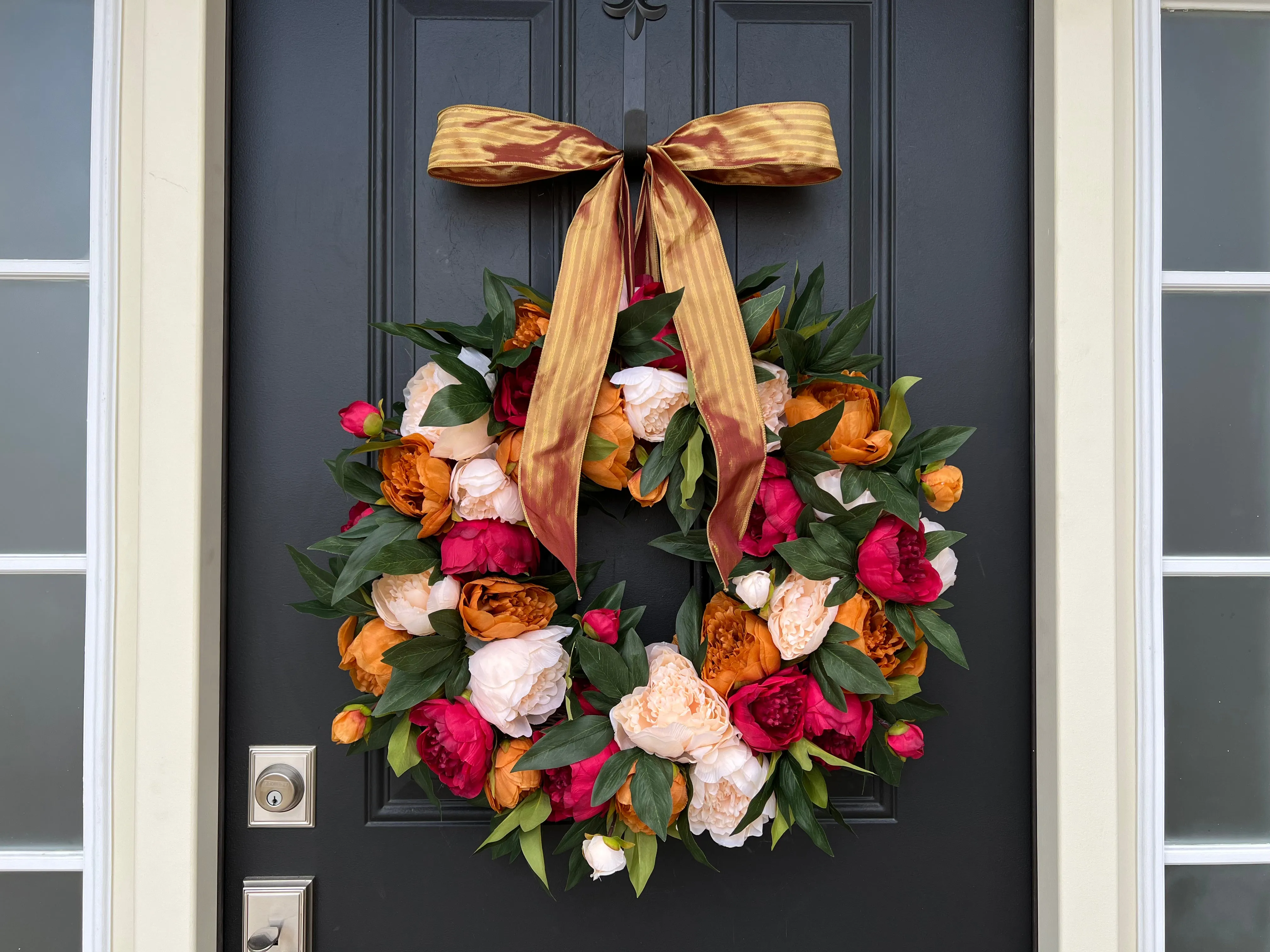 Warm Ember Peony Wreath with Ribbon