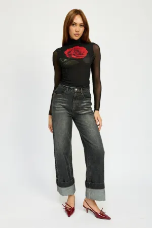 WASHED DENIM PANTS WITH FOLD OVER DETAIL