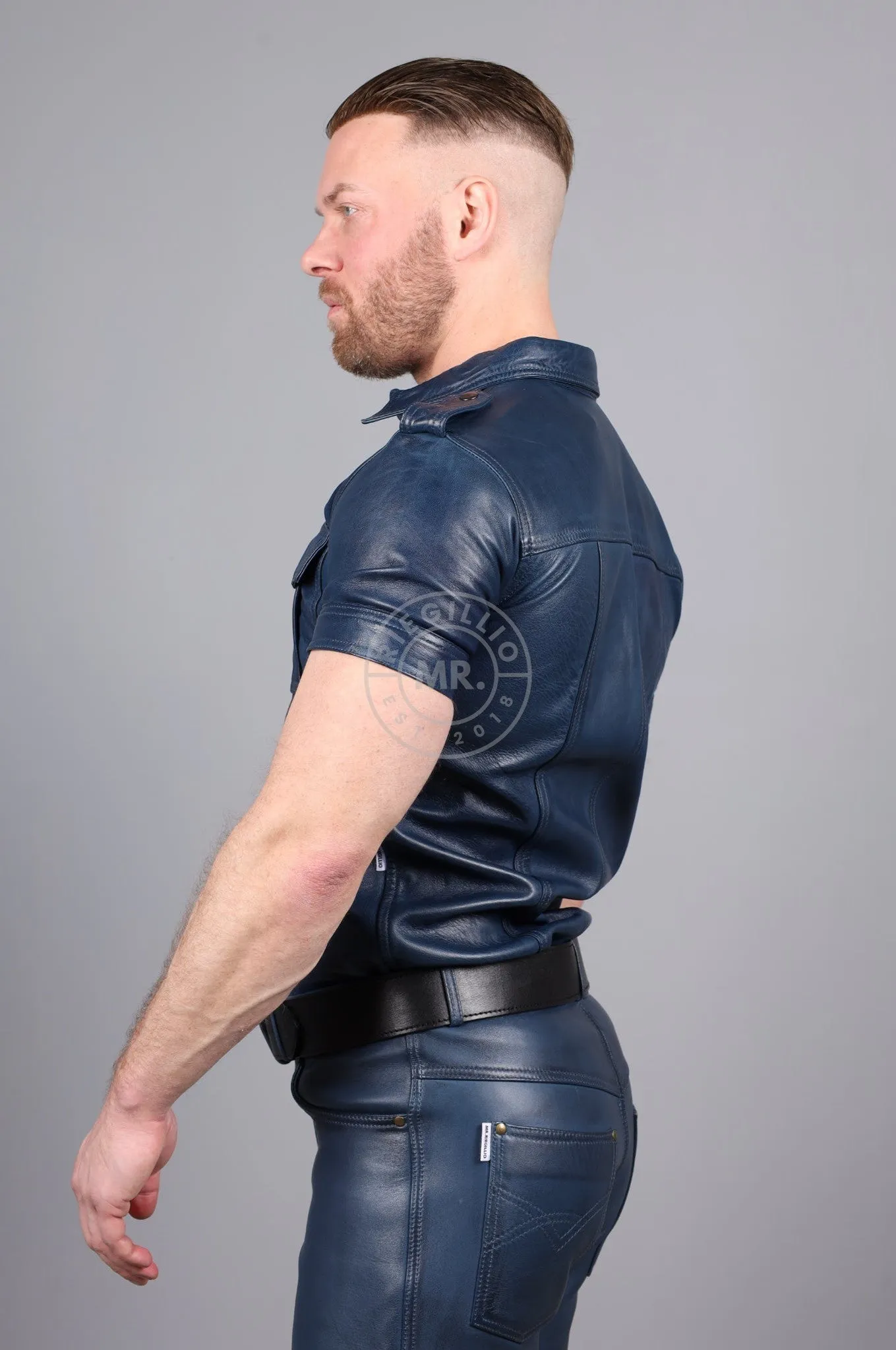 Washed Jeans Blue Leather Shirt