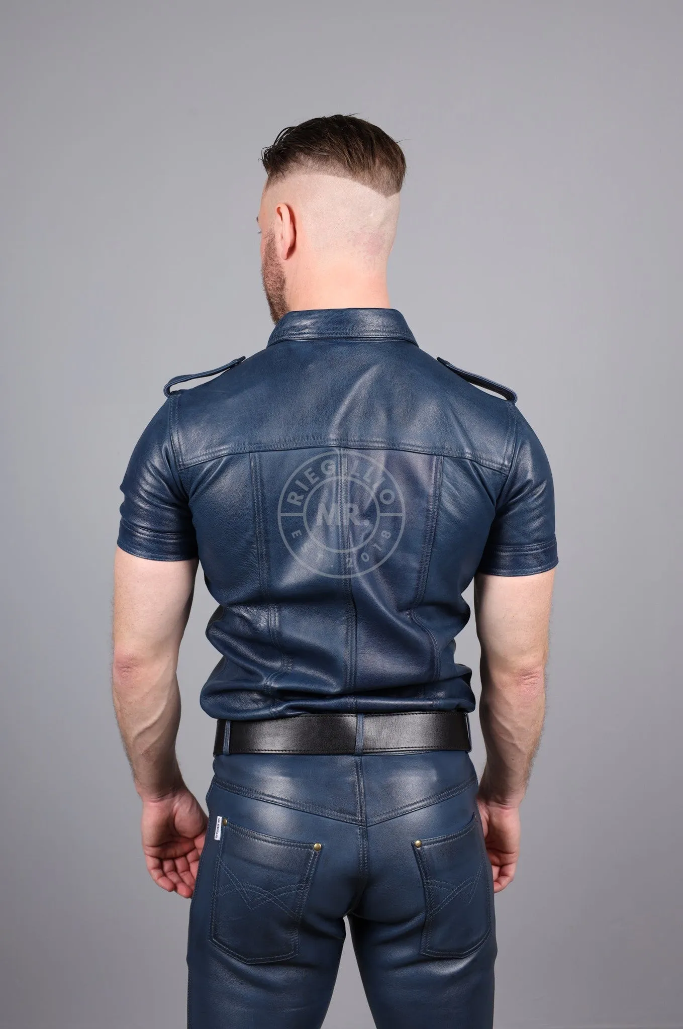 Washed Jeans Blue Leather Shirt