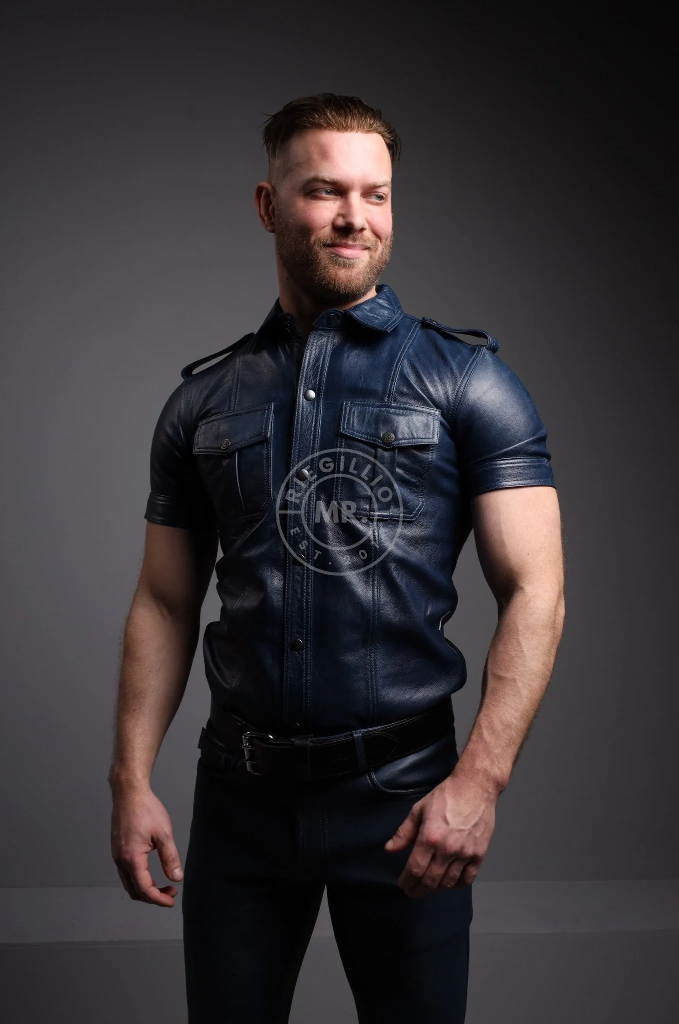 Washed Jeans Blue Leather Shirt