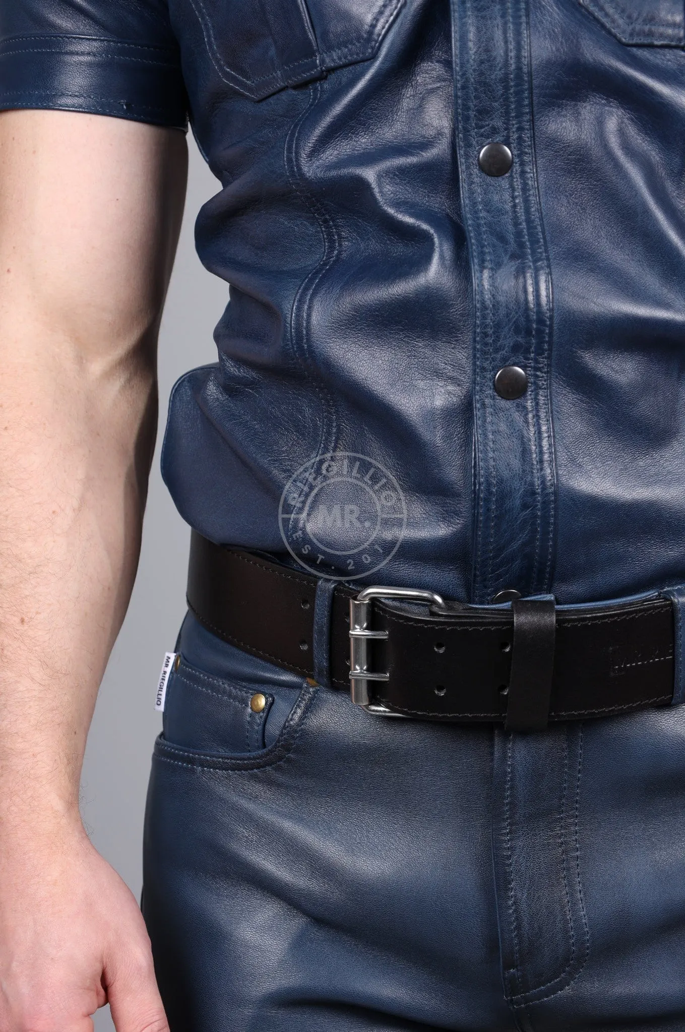 Washed Jeans Blue Leather Shirt
