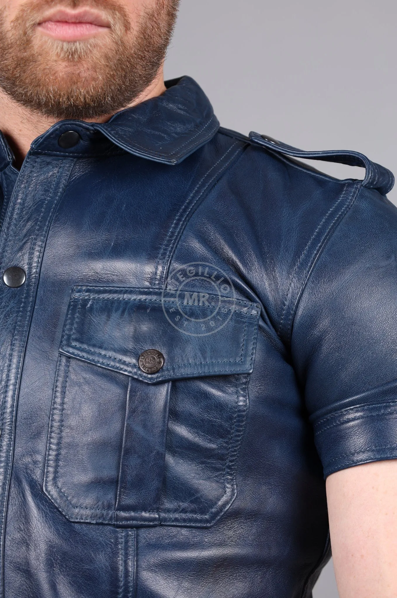 Washed Jeans Blue Leather Shirt