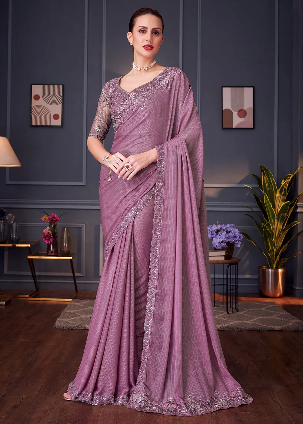 Wedding Festive Style Mauve Embroidered Designer Saree
