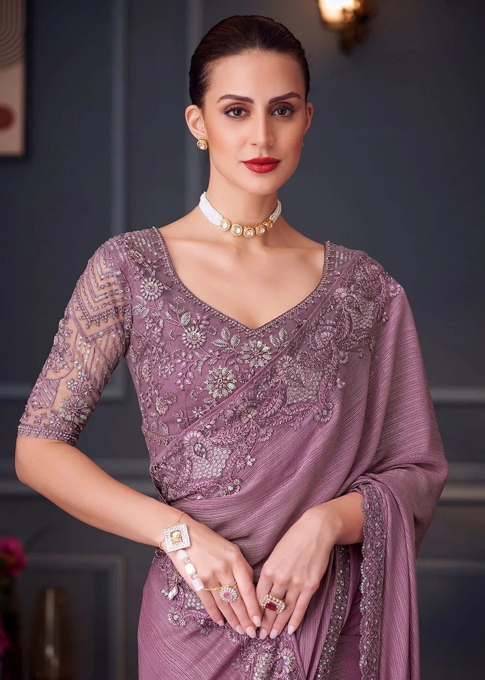 Wedding Festive Style Mauve Embroidered Designer Saree