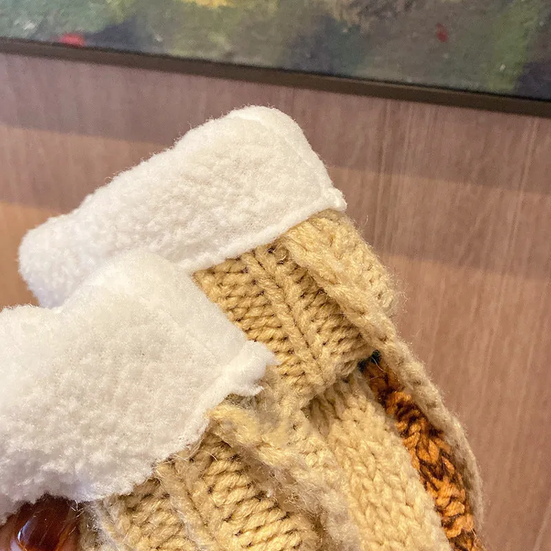 Wenkouban knitted Women's Winter Korean-Style Thickened Fleece-lined Cycling Warm Cold-Proof Halter Wool Knitted Gloves for Men