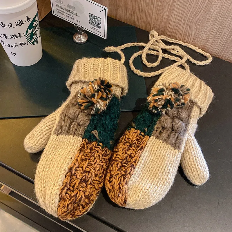 Wenkouban knitted Women's Winter Korean-Style Thickened Fleece-lined Cycling Warm Cold-Proof Halter Wool Knitted Gloves for Men