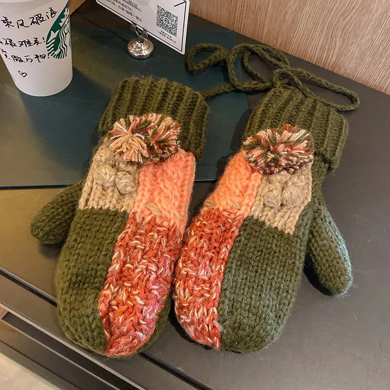 Wenkouban knitted Women's Winter Korean-Style Thickened Fleece-lined Cycling Warm Cold-Proof Halter Wool Knitted Gloves for Men
