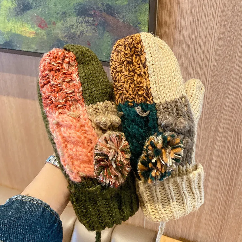 Wenkouban knitted Women's Winter Korean-Style Thickened Fleece-lined Cycling Warm Cold-Proof Halter Wool Knitted Gloves for Men