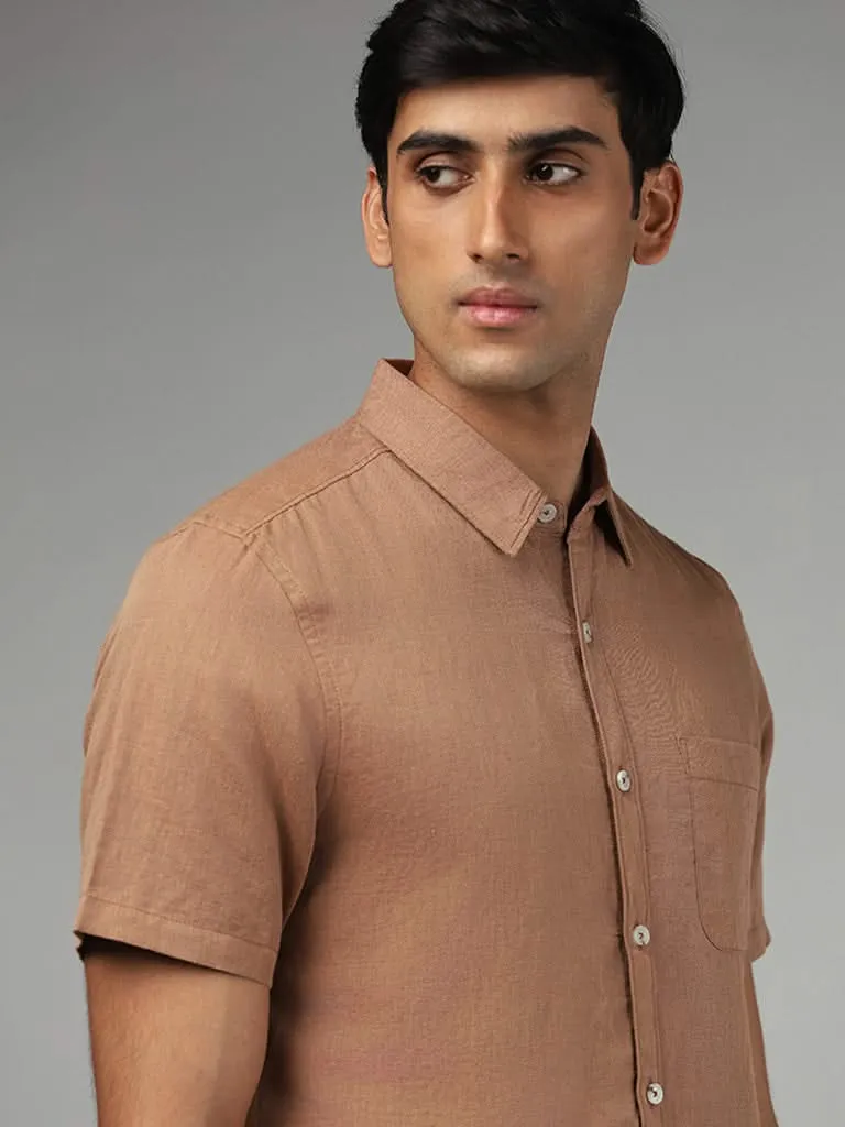 WES Casuals Solid Brown Slim-Fit Blended Linen Shirt