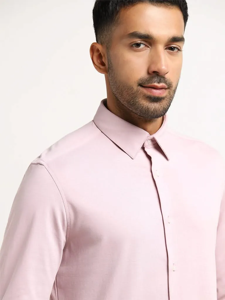 WES Formals Light Pink Solid Cotton Blend Slim Fit Shirt