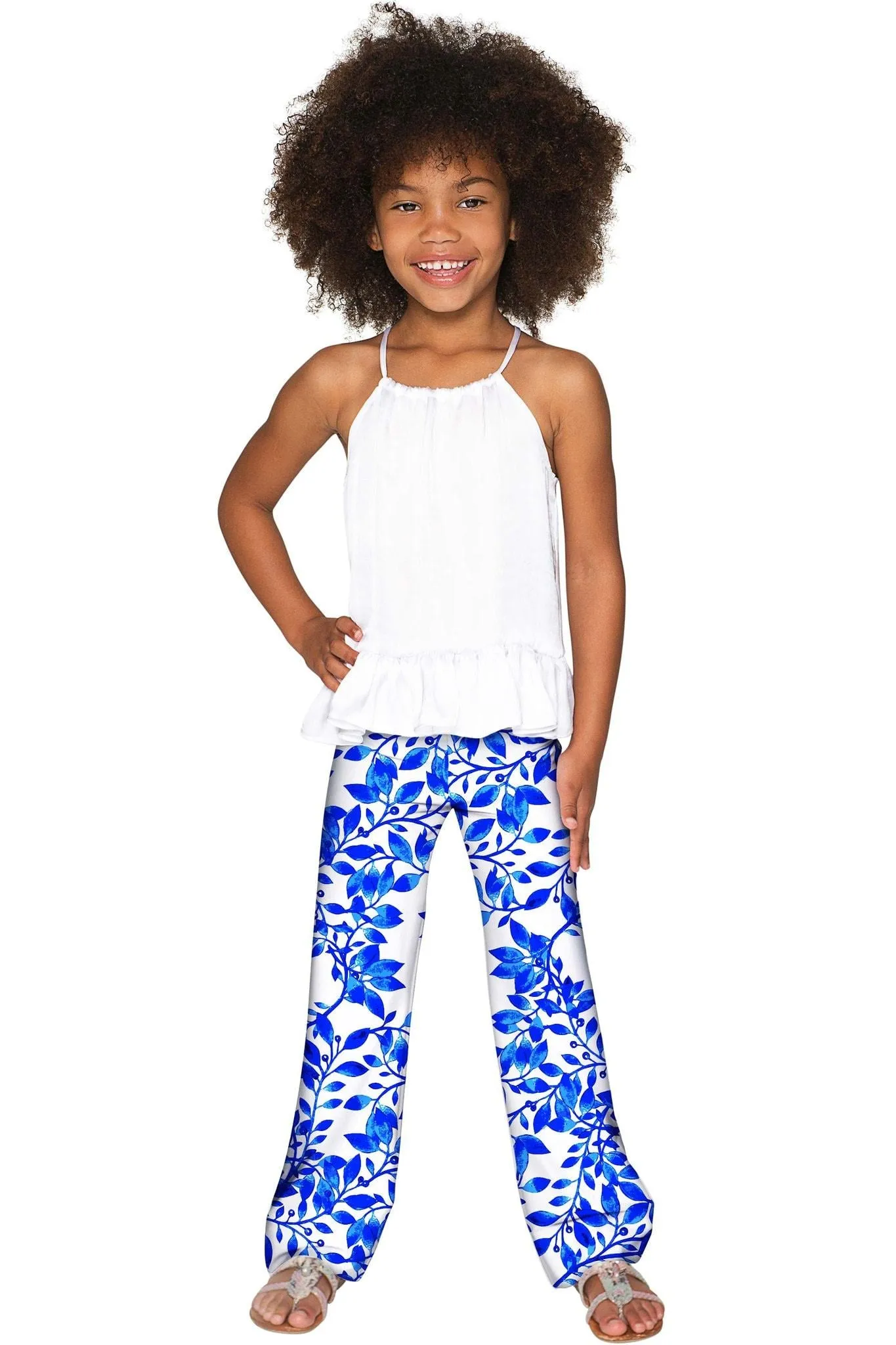 Whimsy Amelia Blue & White Knit Cute Palazzo Pant - Girls